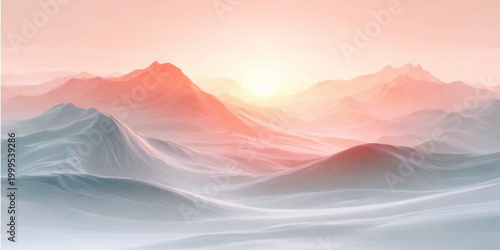 An abstract colorful background featuring a misty mountain landscape at sunset where soft clouds and fog drift over hills in a vibrant nature scene
