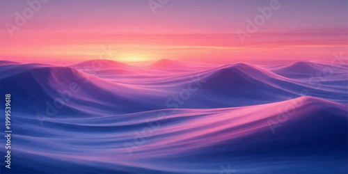 A breathtaking desert and mountain landscape under a glowing orange sky at sunset where vibrant clouds meet the horizon at dusk