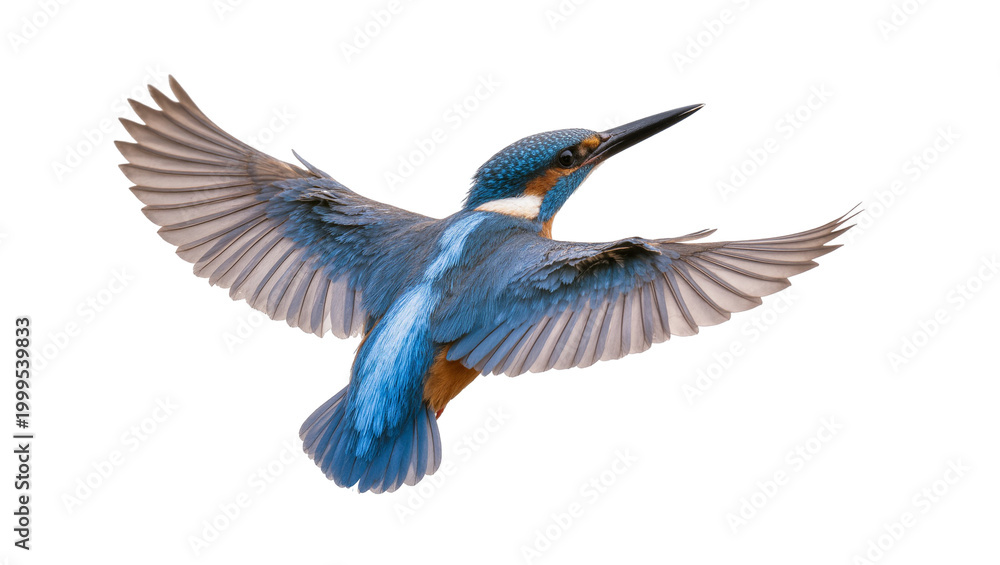 Fototapeta premium Blue feathered Kingfisher bird in flight with extended wings