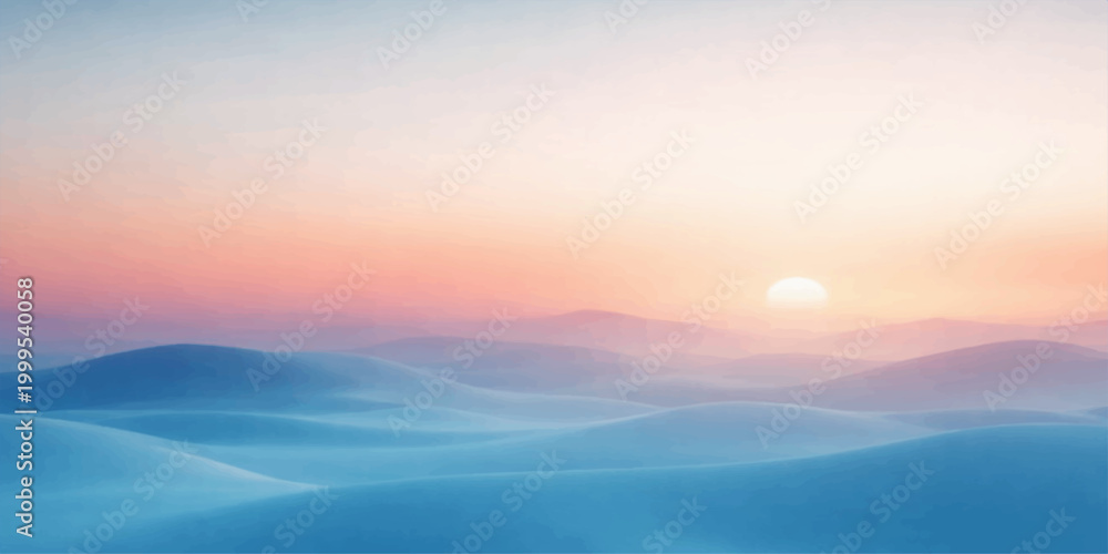 Naklejka premium A breathtaking mountain landscape at dawn and dusk where the sun glows through clouds and fog to light up a heaven-like horizon view of nature between the morning sunrise and evening sunset