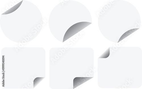 Blank White Paper Sticker and Label Set with Curled Corners in Realistic Style Vector Set