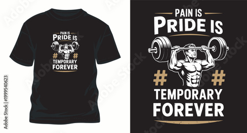 T shirt design with man lifting weights quote about pain.