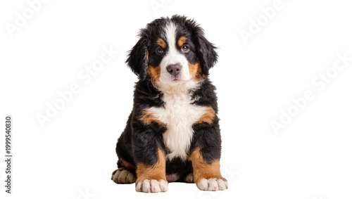 Cuadro en lienzo Fluffy Bernese Mountain Dog Puppy Sitting and Looking Up