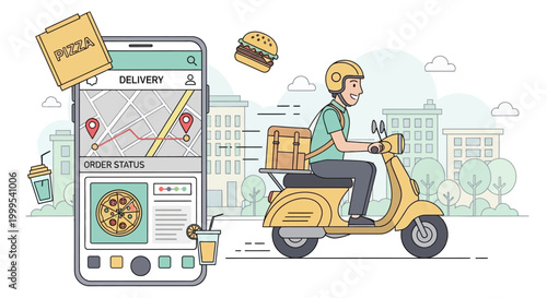 Food delivery service app with courier on scooter and order tracking map illustration