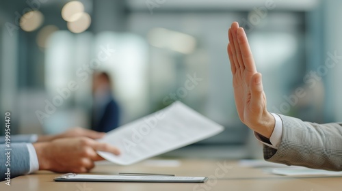 Tapety artystyczne A hand makes a clear stop gesture, refusing to accept an offered document.