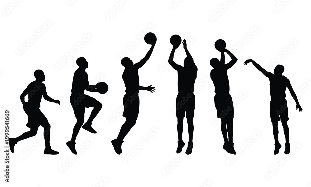 Obraz premium Basketball player silhouettes in various action poses, including running, jumping, and shooting.