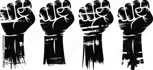 Four variations of raised fist symbol featuring distressed ink texture for protest art.
