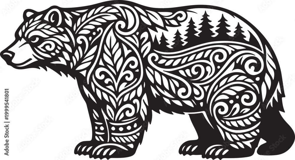 Fototapeta premium Ornamental Bear Folk Art Vector Illustration for Wildlife Logo, Tattoo Design and Rustic Nature Branding