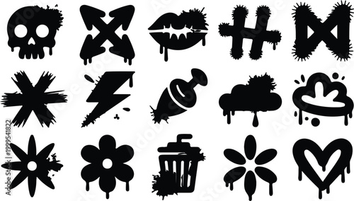 Collection of black silhouette icons in a dripping paint spray style