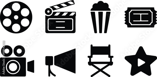 Black silhouette icons set representing cinema movies and filmmaking on white background