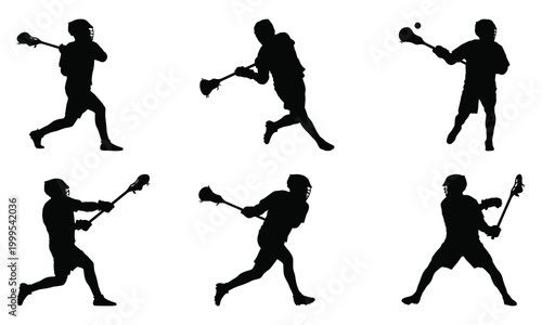 Collection of lacrosse player silhouettes performing various actions with stick and ball.