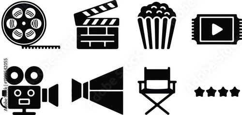 Cinema icons set including film reel clapperboard popcorn and movie screen