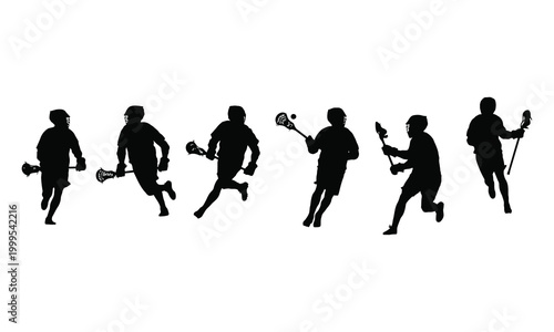 Dynamic silhouettes of male lacrosse players running with sticks, showcasing offensive movement and ball control during gameplay.