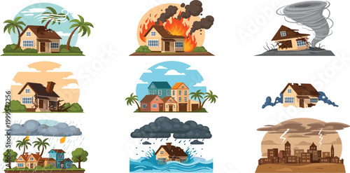 Natural Disasters Cartoon Illustration Set Featuring Hurricane Forest Fire Tornado Earthquake Flooding and Tsunami Damage to Residential Homes