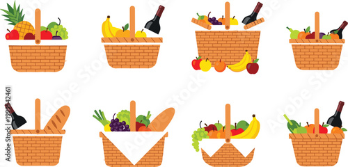Foto Wicker Picnic Basket Set Filled with Fresh Fruits Vegetables Wine and Bread for