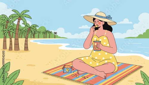 Woman enjoying snacks on beach relaxing vacation moment