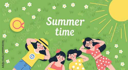 Friends relaxing on grass enjoying sunny summer day