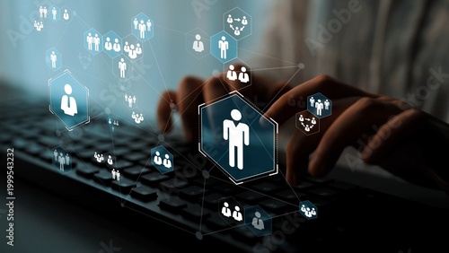 Tableau sur toile Human figures and digital network connection in modern technology, illustrating online communication and social networking through keyboard input Gluon