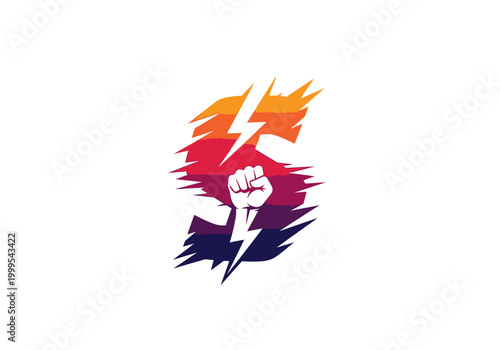 Raised fist with lightning bolts on colorful abstract background
