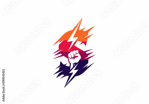 Raised clenched fist and lightning bolt in colorful burst logo