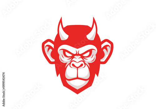 Red chimpanzee head with devil horns and aggressive expression