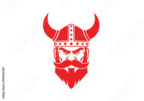 Red bearded viking head mascot with horned helmet logo