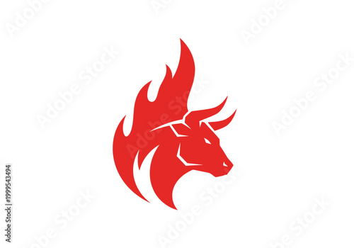 Red bull head logo design with stylized fire flame