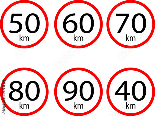 Speed limit sign collection featuring forty to ninety kilometers per hour signage on transparent background vector set.