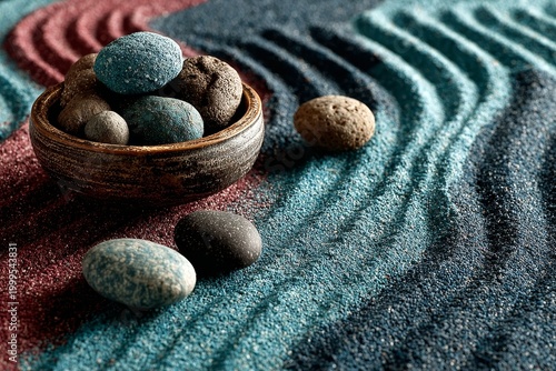 smooth river stones in a wooden bowl resting on a wavy, textured teal surface