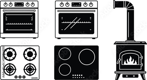 Kitchen Stove and Oven Appliance Icon Set Featuring Gas Cooktop, Electric Hob, Baking Oven, and Wood Burning Heater Silhouettes for Home Appliance Design Concepts