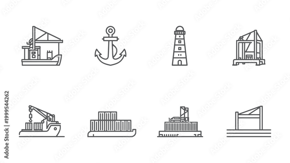 Fototapeta premium Harbor Icons Set: a comprehensive set of clean line illustrations perfectly captures the essence of coastal activities and maritime elements, ideal for design project or nautical theme
