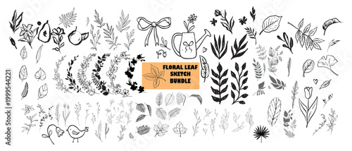 Hand Drawn Botanical Floral Elements Line Art Vector Set Leaf Flower Doodle Collection Minimal Foliage Outline Icons Nature Clipart Isolated on White Background