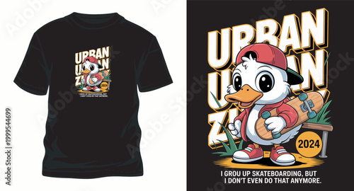 Urban duck t shirt design with cool attitude and skateboard.