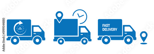Fast delivery icon set. fast shipping delivery truck with packages icon set. Free delivery 24 hours. 