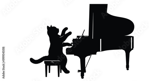 Cat playing piano with stool black silhouette high quality professional detailed