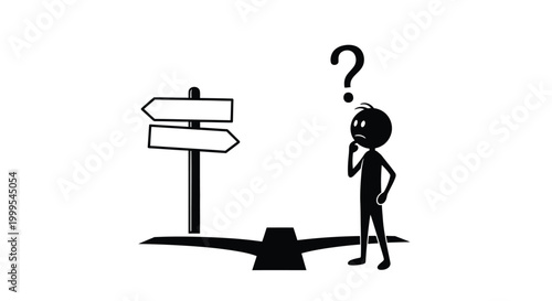 Stick figure pondering direction at signpost black silhouette high quality professional