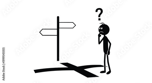 Stick figure pondering direction at signpost black silhouette high quality professional