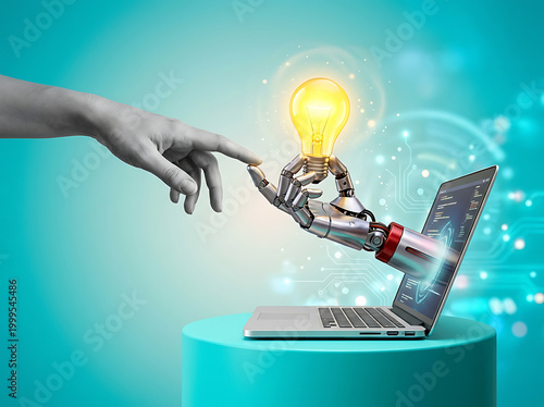 Human Hand Touching Robotic Hand Holding Glowing Lightbulb from Laptop