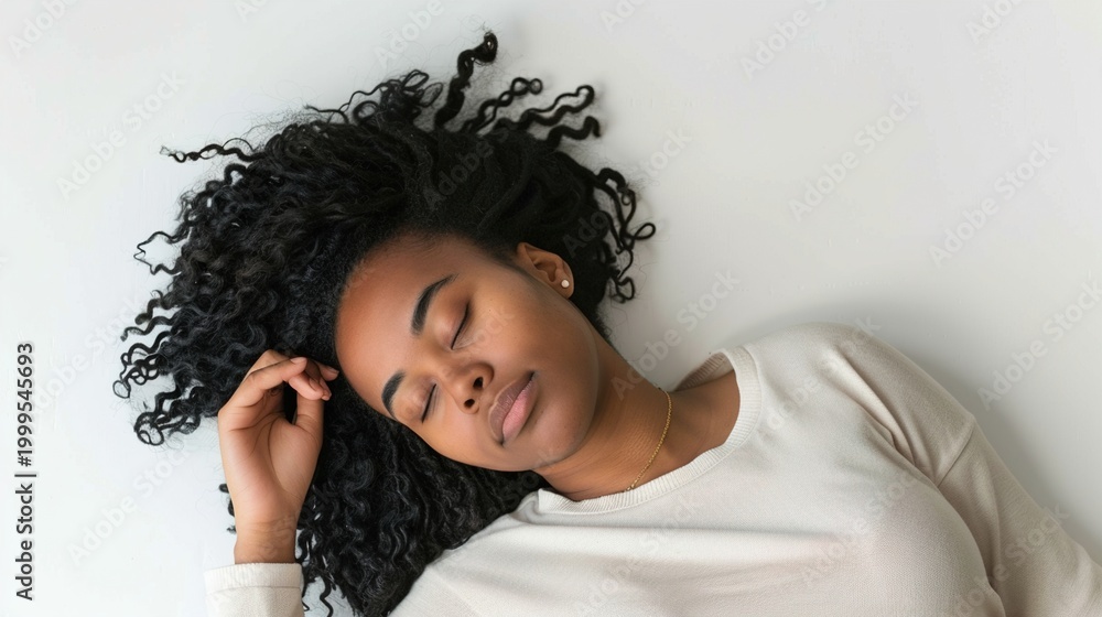 Fototapeta premium Woman sleeping on bed against white background making sleep gesture in dorable expression, Generative AI