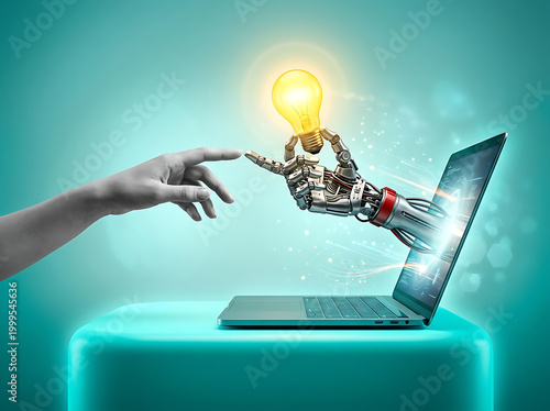 Human Hand Touching Robotic Hand Holding Lightbulb from Laptop