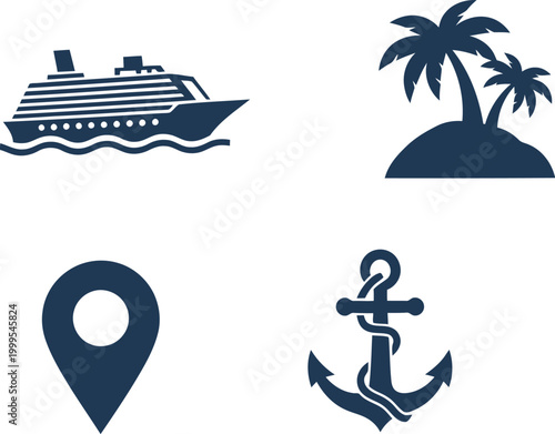 Set of travel icons featuring a cruise ship island palm trees map location pin and nautical anchor for vacation themes