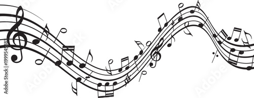 Musical notes on a wavy staff isolated on a transparent background