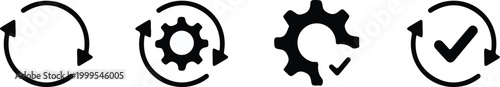 Sync process, icon reload set, circle arrow with gear wheel, recycling recurrence, renewal refresh processing icons, settings, update with a checkmark