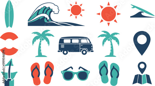Set of colorful summer vacation icons with surfboard van wave palm tree sunglasses and travel symbols for beach holidays