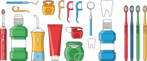 olorful Pixel Art Dental Care and Oral Hygiene Set with Toothbrush, Toothpaste, Floss, and Mouthwash for Health Design