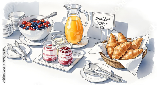 Breakfast buffet station with fruit, yogurt, and croissants
