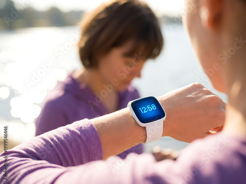 Woman Checking Time on Fitness Smartwatch During Outdoor Workout