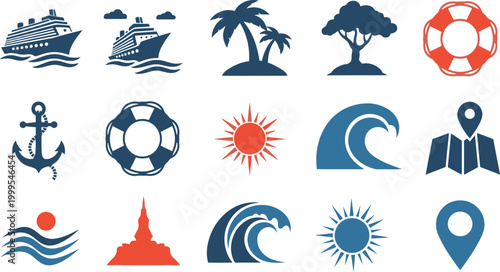 Set of travel cruise ship palm tree ocean wave sun lifebuoy anchor and map location icons for summer vacation design