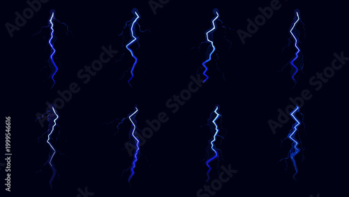 collection of eight blue lightning bolts on a black background