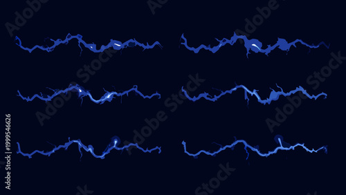 blue lightning bolts a collection of eight horizontal jagged energy shapes on black